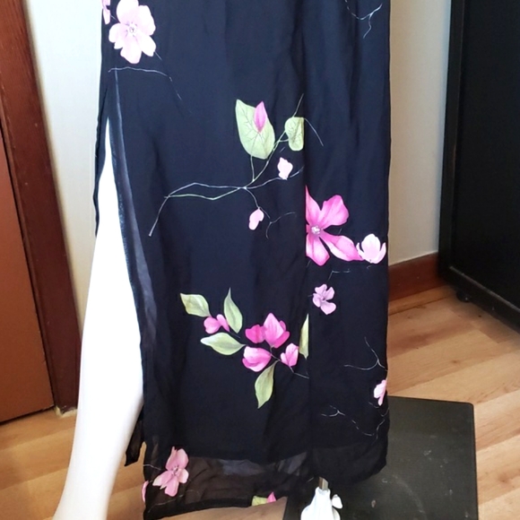 A.B.S. By Allen Schwartz Evening Long Black Strappy Dress & Beaded Roses Size 10 - Picture 12 of 14